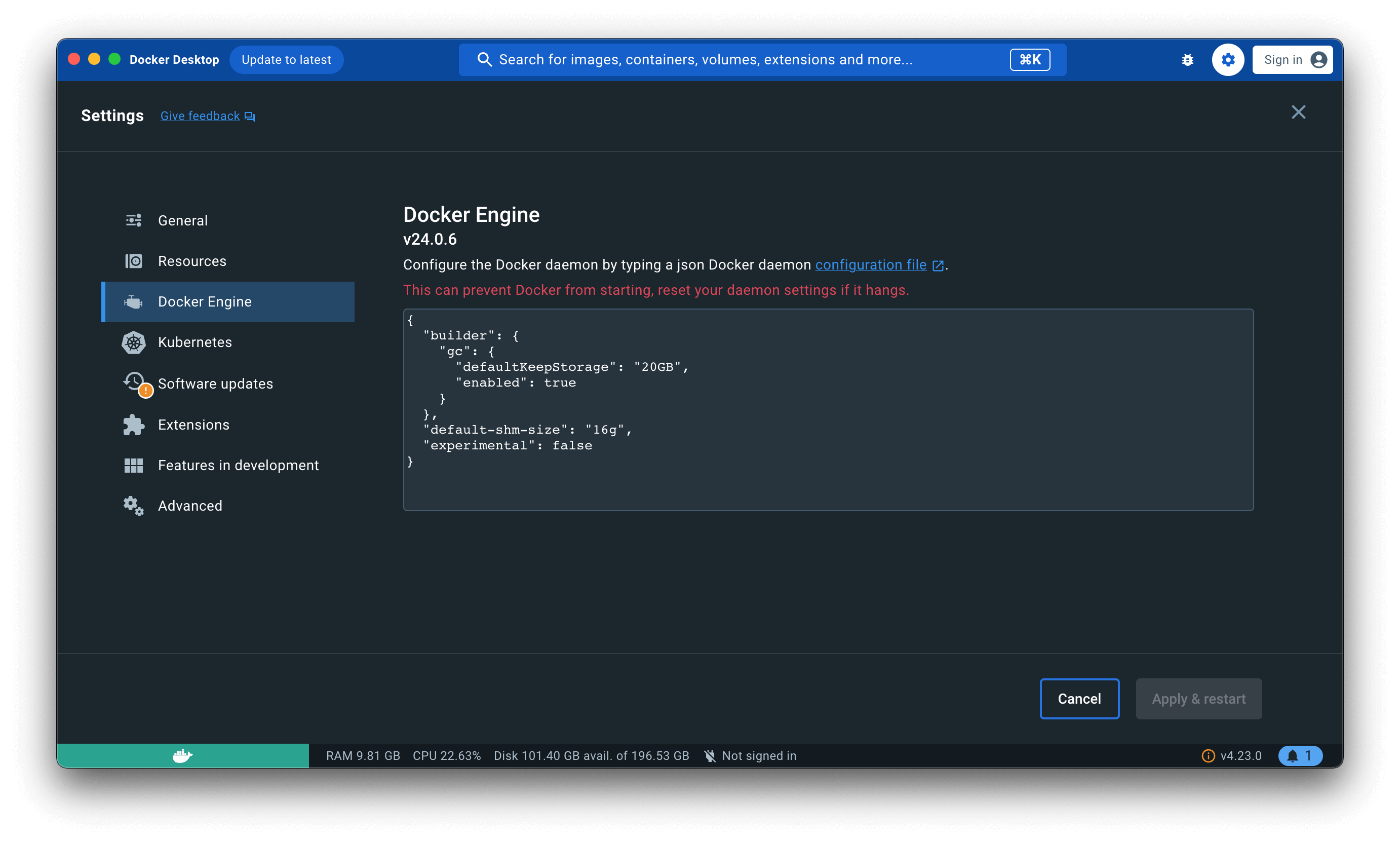 Docker Engine settings