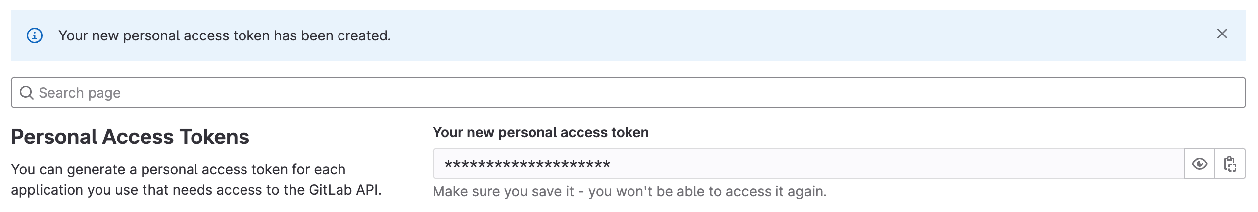 Newly created GitLab personal access token