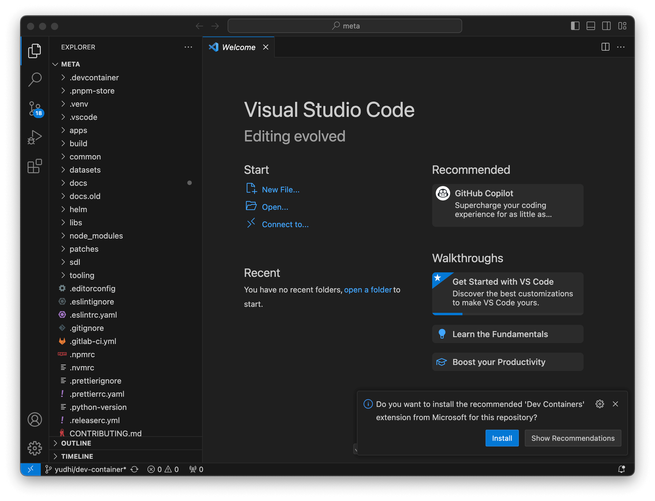 Visual Studio Code Dev Containers install prompt
